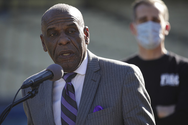 Steven Bradford, D-Gardena, addresses a press conference at Dodger Stadium in Los Angeles.