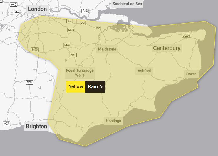 South London, Kent, Dover and Hastings are covered by one of the alerts, in place from 3pm on Sunday until 9am on Monday