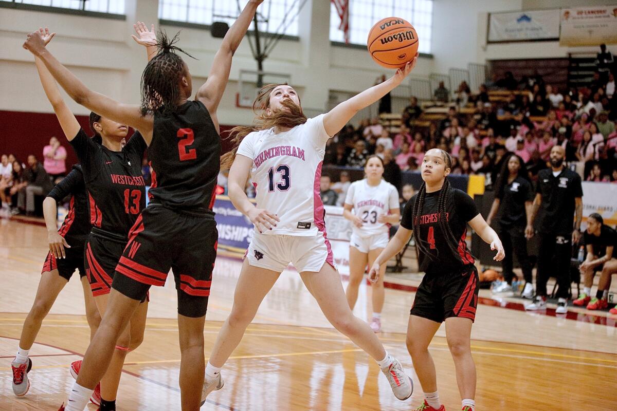 Birmingham guard Annette Jones tries to avoid a block by Westchester’s Mariah Blake.