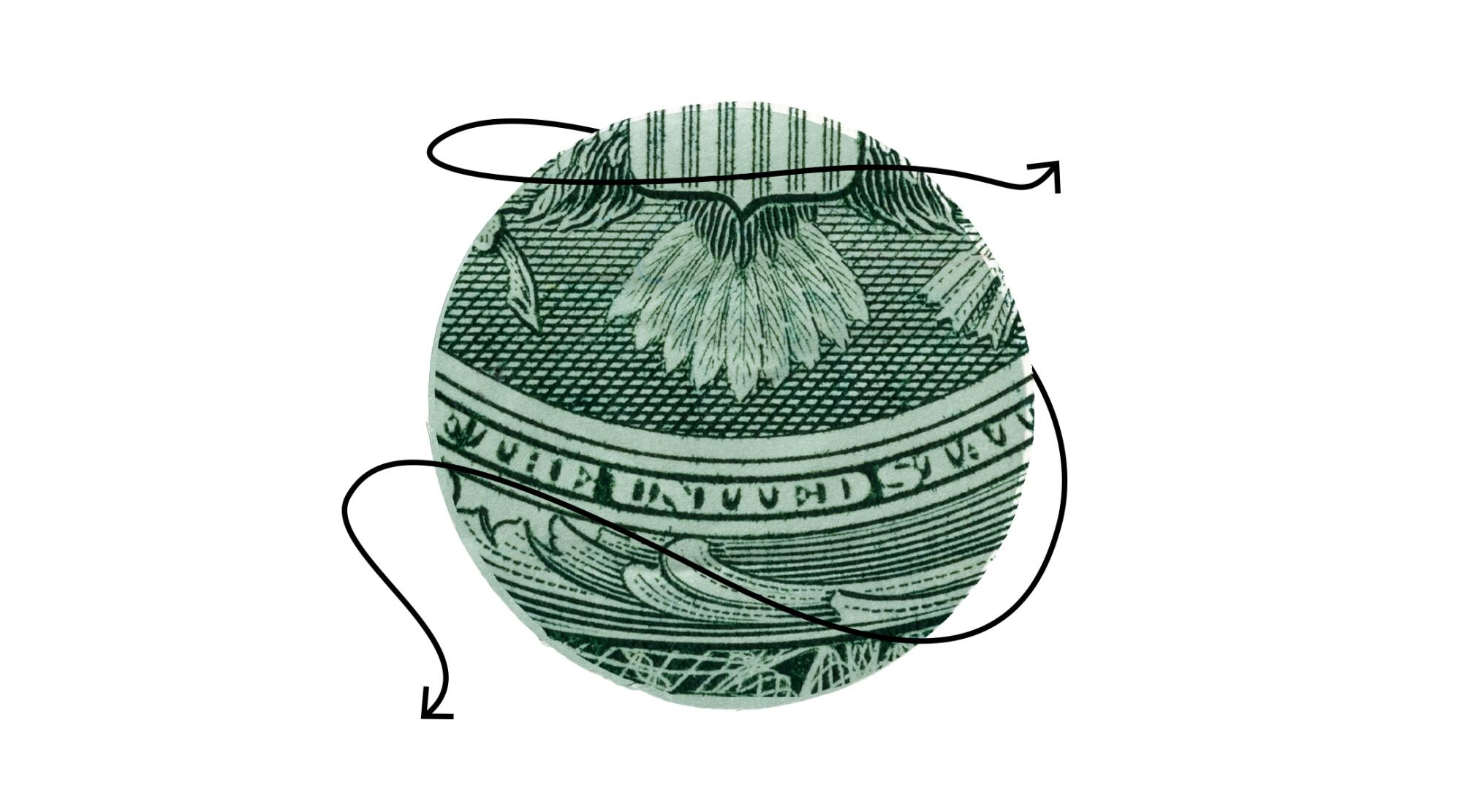 A circular cutout from a dollar bill encircled by arrows.