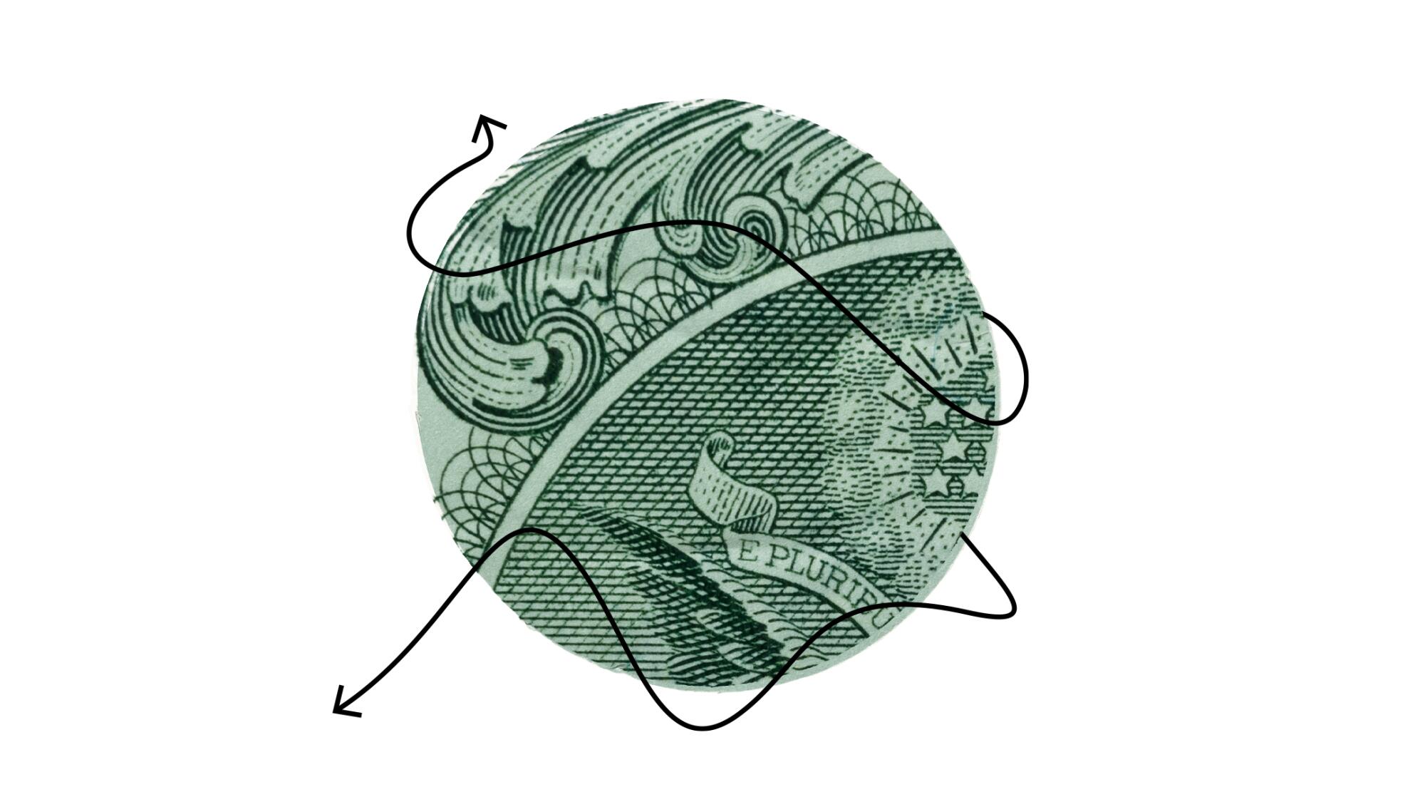 A circular cutout from a dollar bill encircled by arrows.