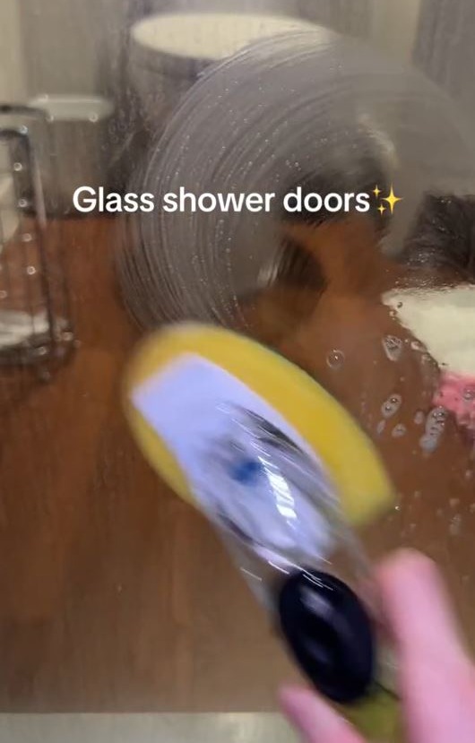 The cleaning fanatic scrubbed her glass shower doors with the soft cleanser