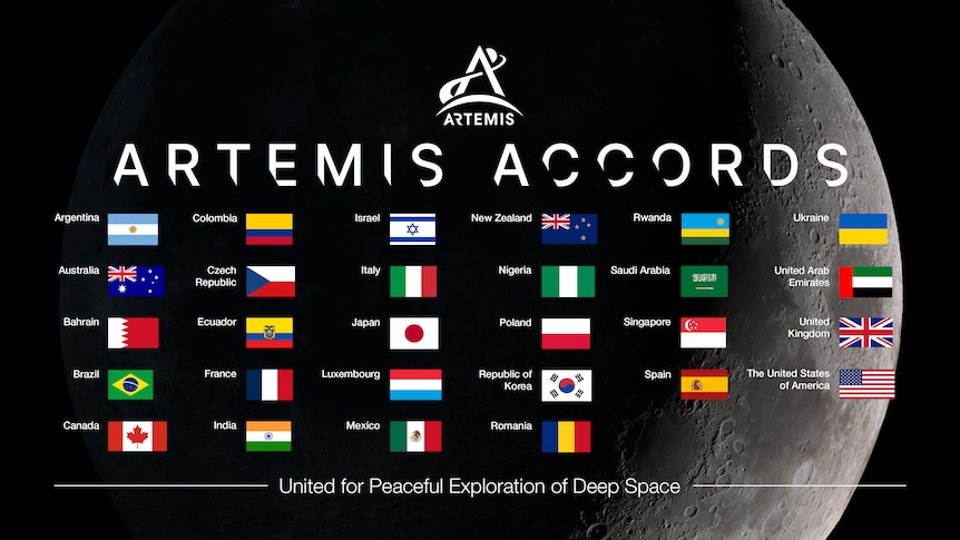 Graphic of countries that have signed the Artemis Accords, set against picture of the moon.