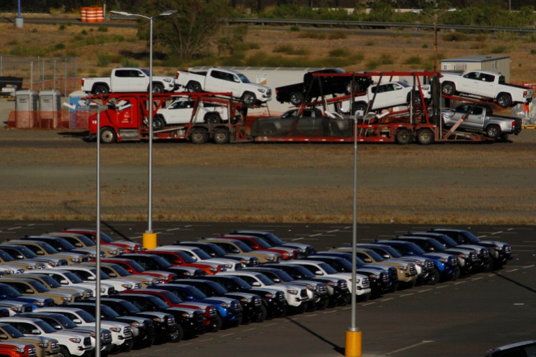 Newly assembled vehicles are seen at a stockyard of the automobile plant Toyota Motor Manufacturing of Baja California in Tijuana, Mexico