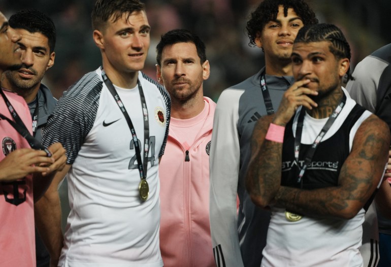 [US, Mexico & Canada customers only] Feb 4, 2024; Hong Kong, HONG KONG; Inter Miami players Lionel Messi, Julian Gressel, Luis Suarez and DeAndre Yedlin during the trophy presentation after a preseason friendly soccer match against Hong Kong XI at Hong Kong Stadium. Mandatory Credit: Lam Yik/Reuters via USA TODAY Sports