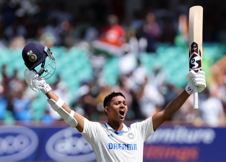 Cricket - Third Test - India v England - Niranjan Shah Stadium, Rajkot, India - February 18, 2024 India's Yashasvi Jaiswal celebrates after scoring 200 runs REUTERS/Amit Dave