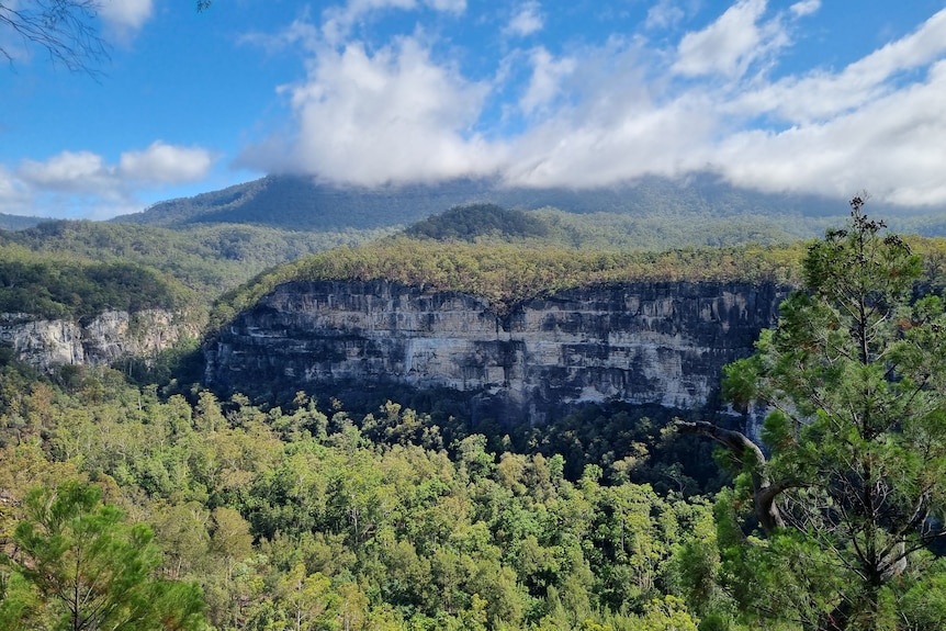 Green mountains and ranges in front of blue sky with a few clouds