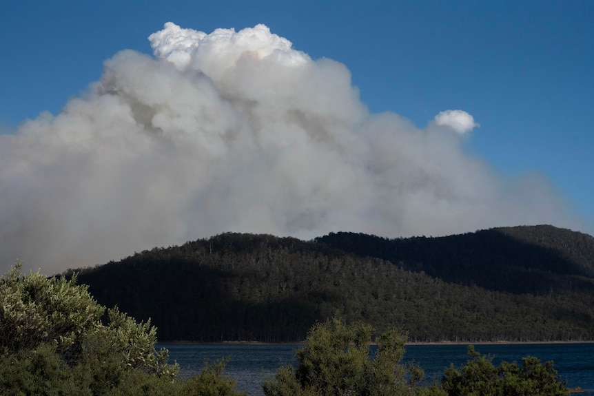 A smoke cloud rises over bushland from a bushfire in Tasmania's Central Highlands