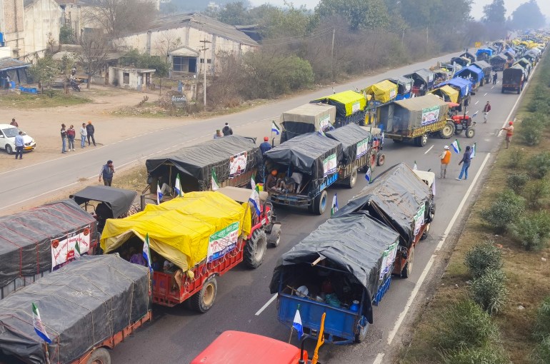 Farmers marching to New Delhi gather near the Punjab-Haryana border at Shambhu, India