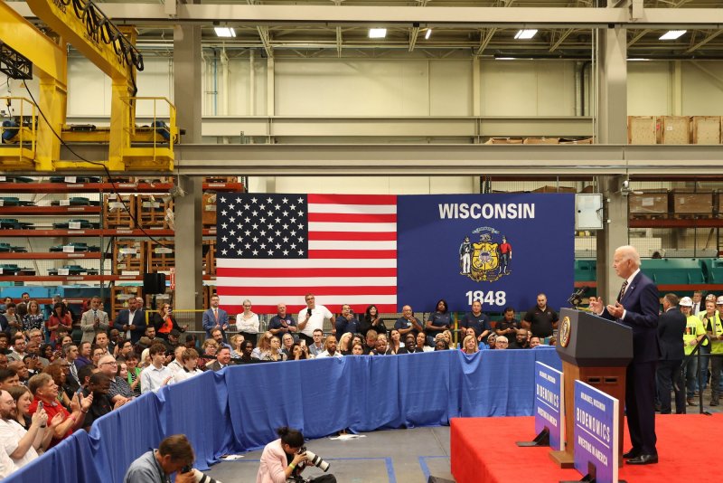 President Joe Biden delivers remarks on Bidenomics at Ingeteam Inc. in Milwaukee, Wisconsin on Tuesday, August 15, 2023. Biden spoke the day before the first anniversary of the Inflation Reduction Act, which includes money to improve housing for low-income seniors. Photo by Alex Wroblewski/UPI