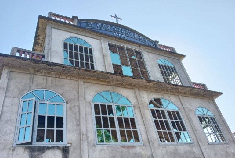 The exterior of the St Peter Baptist Church in Kanan after the attack. The windows have been blown out