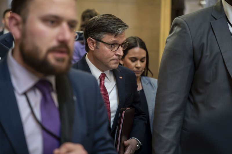 Speaker of the House Mike Johnson, R-La., returns to his office after the House passed a stopgap spending bill to avoid a partial government shutdown at the U.S. Capitol in Washington, D.C., on Thursday. Photo by Bonnie Cash/UPI