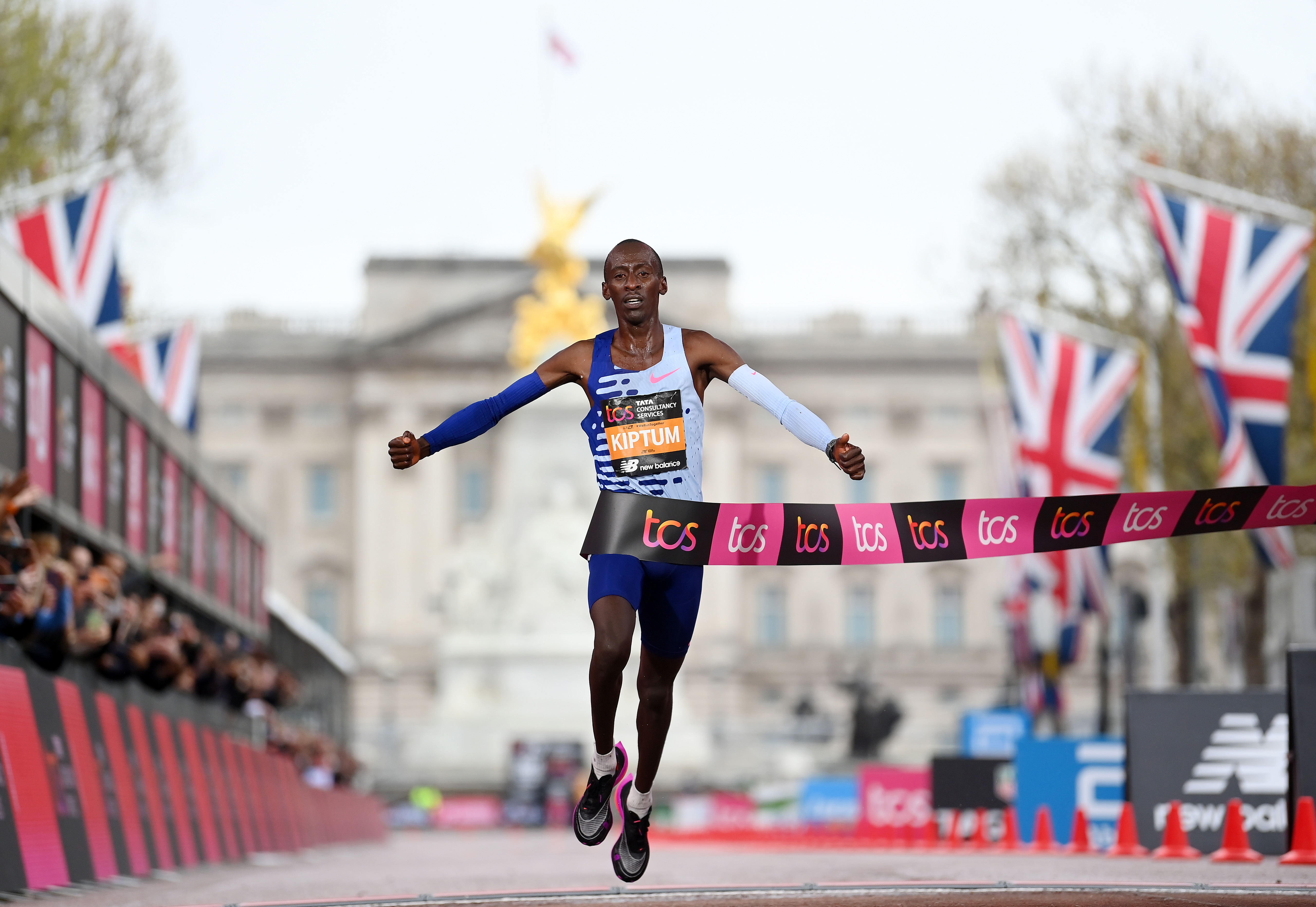 Kelvin Kiptum of Kenya crosses the finish line to win the Elite Men’s Marathon during the 2023 TCS London Marathon in April 2023