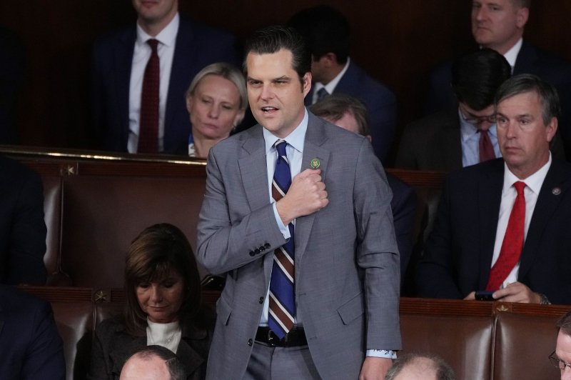 Rep. Matt Gaetz, R-Fla. (pictured on Capitol Hill in October during House proceedings to choose a new speaker), has introduced a resolution stating that former President Donald Trump did not engage in insurrection on Jan. 6, 2021. File Photo by Pat Benic/UPI