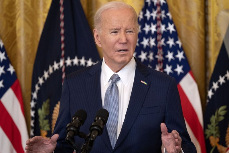 President Joe Biden delivers remarks during the National Governors Association Winter Meeting in the East Room of the White House on Friday. Biden and former President Donald Trump seek another step toward a November rematch in the Michigan primaries on Tuesday. Photo by Leigh Vogel/UPI