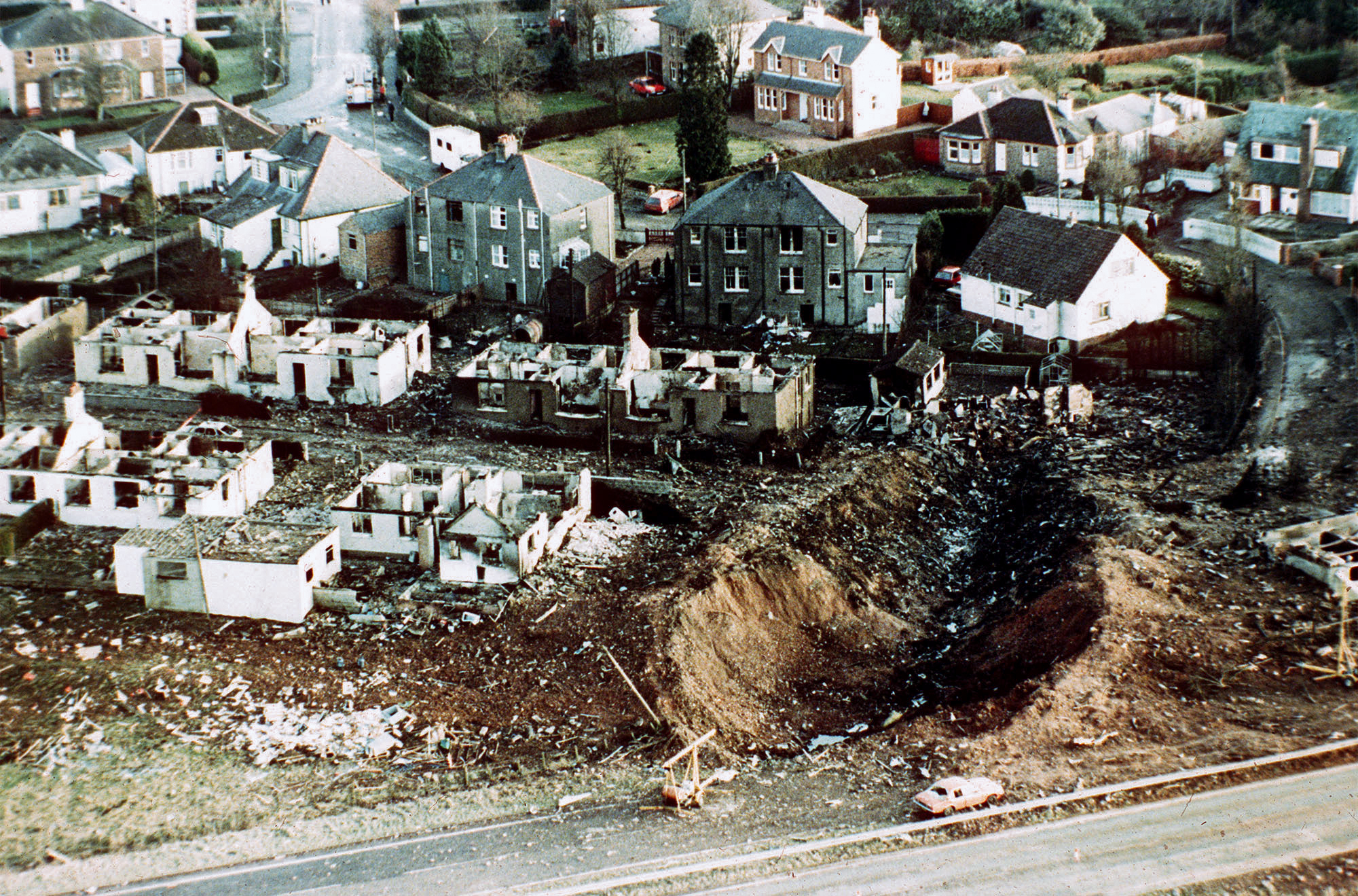 The devastation after the Pan Am Jumbo Jet exploded and large parts plunged down onto Lockerbie