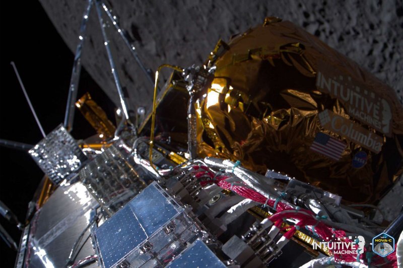 Odysseus, shown passing over the near side of the Moon on Wednesday, tipped over onto its side during its lunar landing but is otherwise in good working order, company officials say. Photo courtesy of Intuitive Machines/UPI