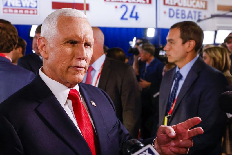 Former U.S. Vice President and Republican presidential candidate Mike Pence speaks to media after the first Republican presidential candidate debate of the 2024 presidential race at Fiserv Forum in Milwaukee on August. File Photo by Tannen Maury/UPI