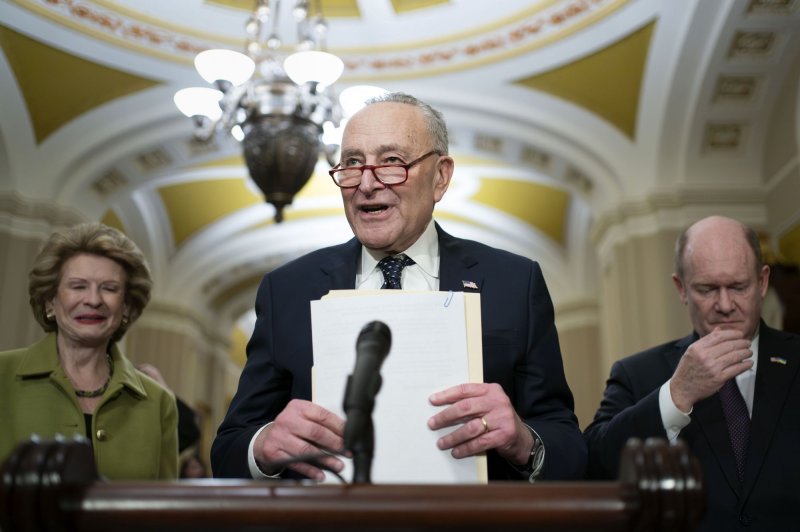 Senate Majority Leader Chuck Schumer, D-N.Y., changed his vote to 'no' when it became clear the a foreign aid measure was going to be defeated Wednesday in the Senate. Photo by Bonnie Cash/UPI