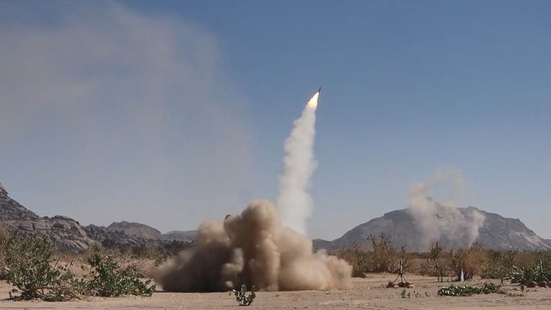 A projectile is launched during a military exercise near the Yemen-Saudi Arabia border at Al-Baqaa area in the northern province of Saada, Yemen, in early January. U.S. Central Command said over Thursday it struck several Houthi targets in Yemen, including seven anti-ship cruise missiles. Photo by Houthis Media Center/EPA-EFE