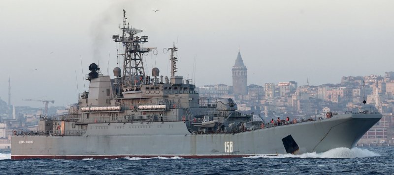 The Russian warship Caesar Kunikov, a large landing ship of the Project 775 class, was reportedly destroyed Wednesday morning in waters off the coast of Crimea by the Ukrainian military. File Photo by Sedat Suna/EPA