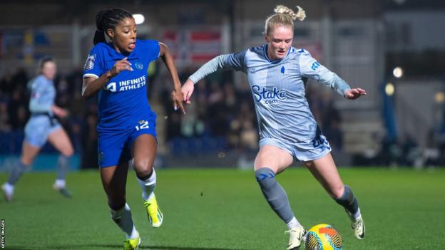 Rikke Madsen playing for Everton against Chelsea