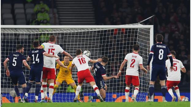 Kieran Tierney scoring for Scotland against Poland