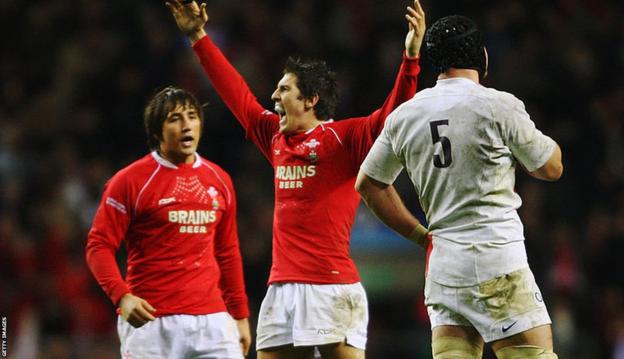 James Hook holds hands up against England