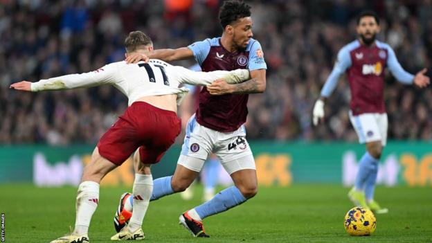 Aston Villa's Boubacar Kamara tussles with Manchester United's Rasmus Hojlund in the Premier League game at Villa Park