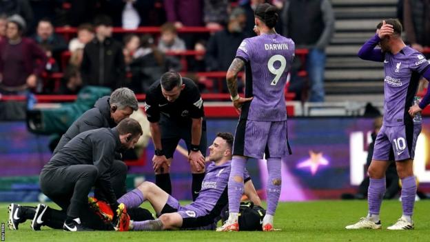 Liverpool forward Diogo Jota had to go off injured in a win at Brentford