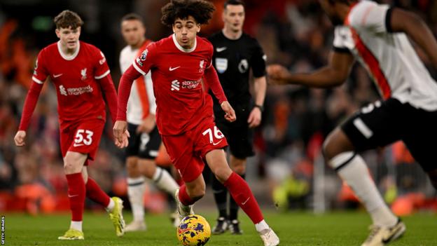 Jayden Danns, 18 in action for Liverpool against Luton in the Premier League