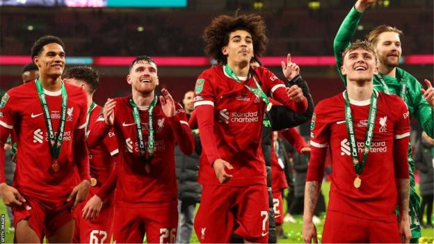 Jarrell Quansah, Andy Robertson, Jayden Danns, Bobby Clark and Caoimhin Kelleher celebrating Sunday's League cup win over Chelsea at Wembley