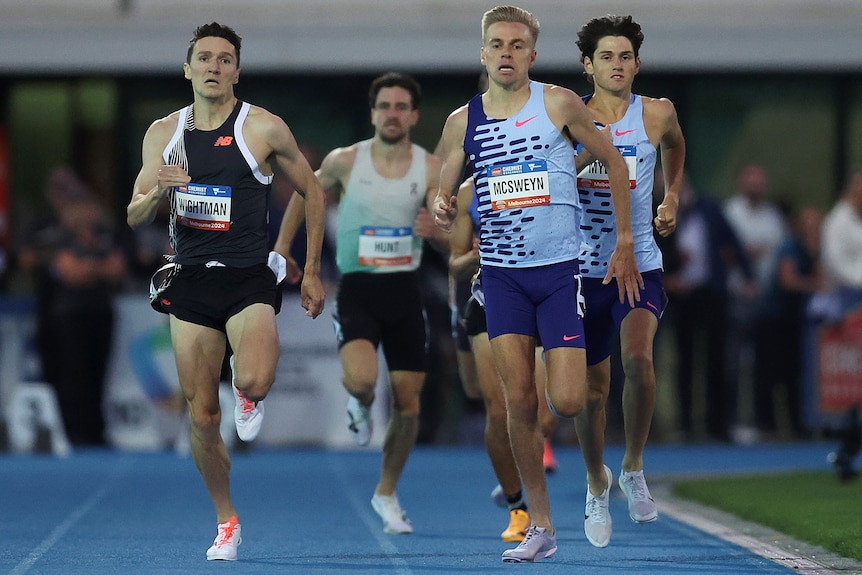 Jake Wightman, Stewart McSweyn and Cameron Myers competing in the John Landy Mile at the Maurie Plant Meet.