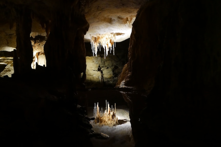 A water reflection pool showing a mirror image of a cave roof. 