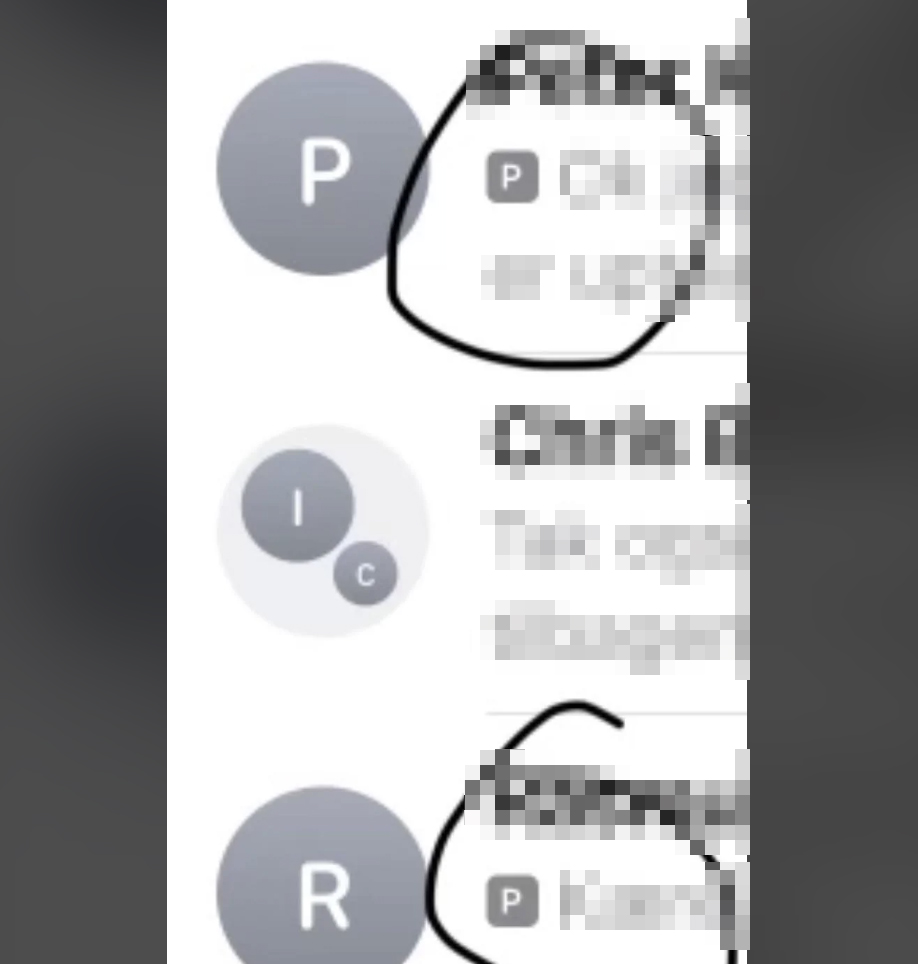 The mystery 'P' symbol appears in squares next to chats in Messages