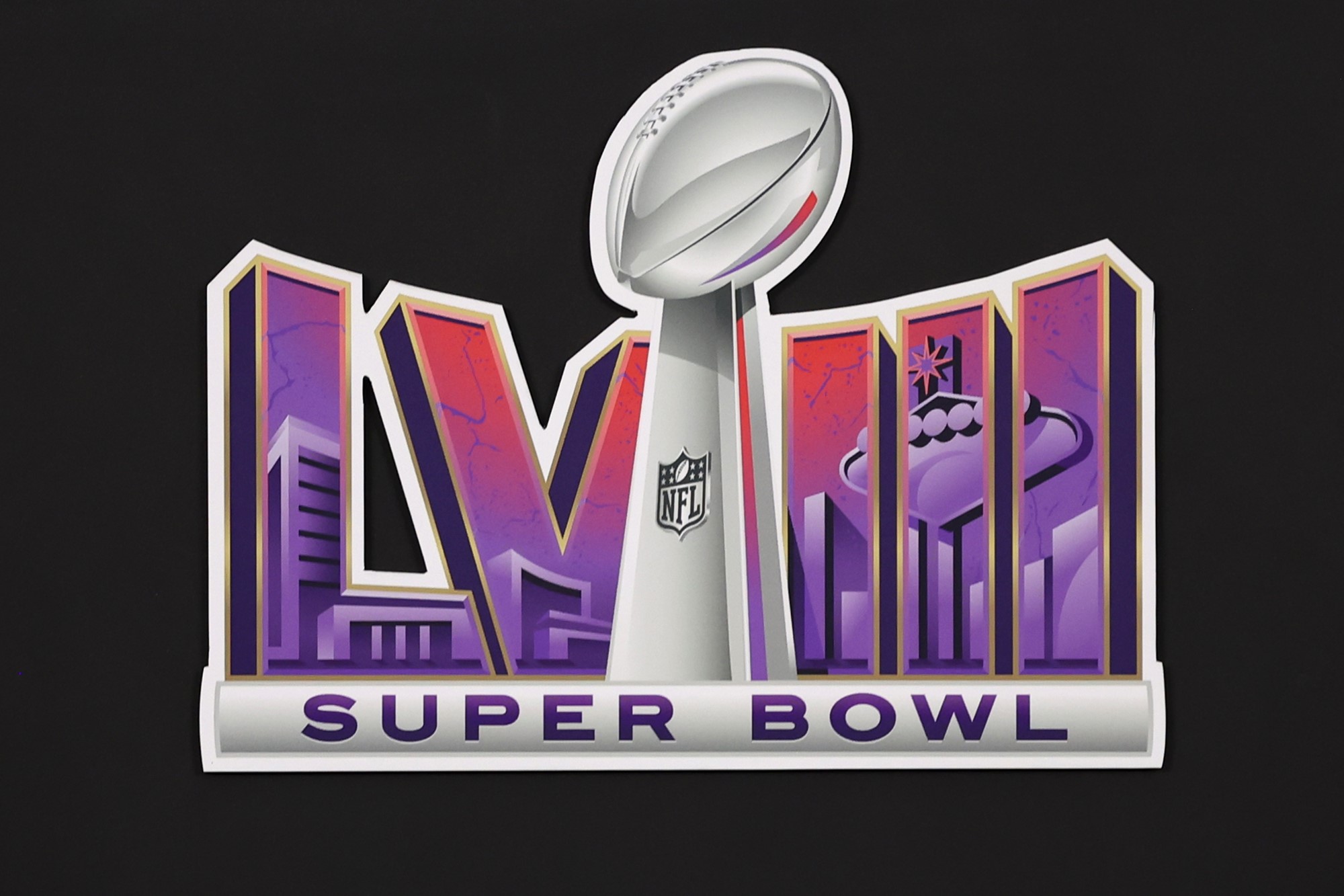 The logo for Super Bowl LVIII, including a graphic of the Super Bowl trophy the Lombardi Trophy.