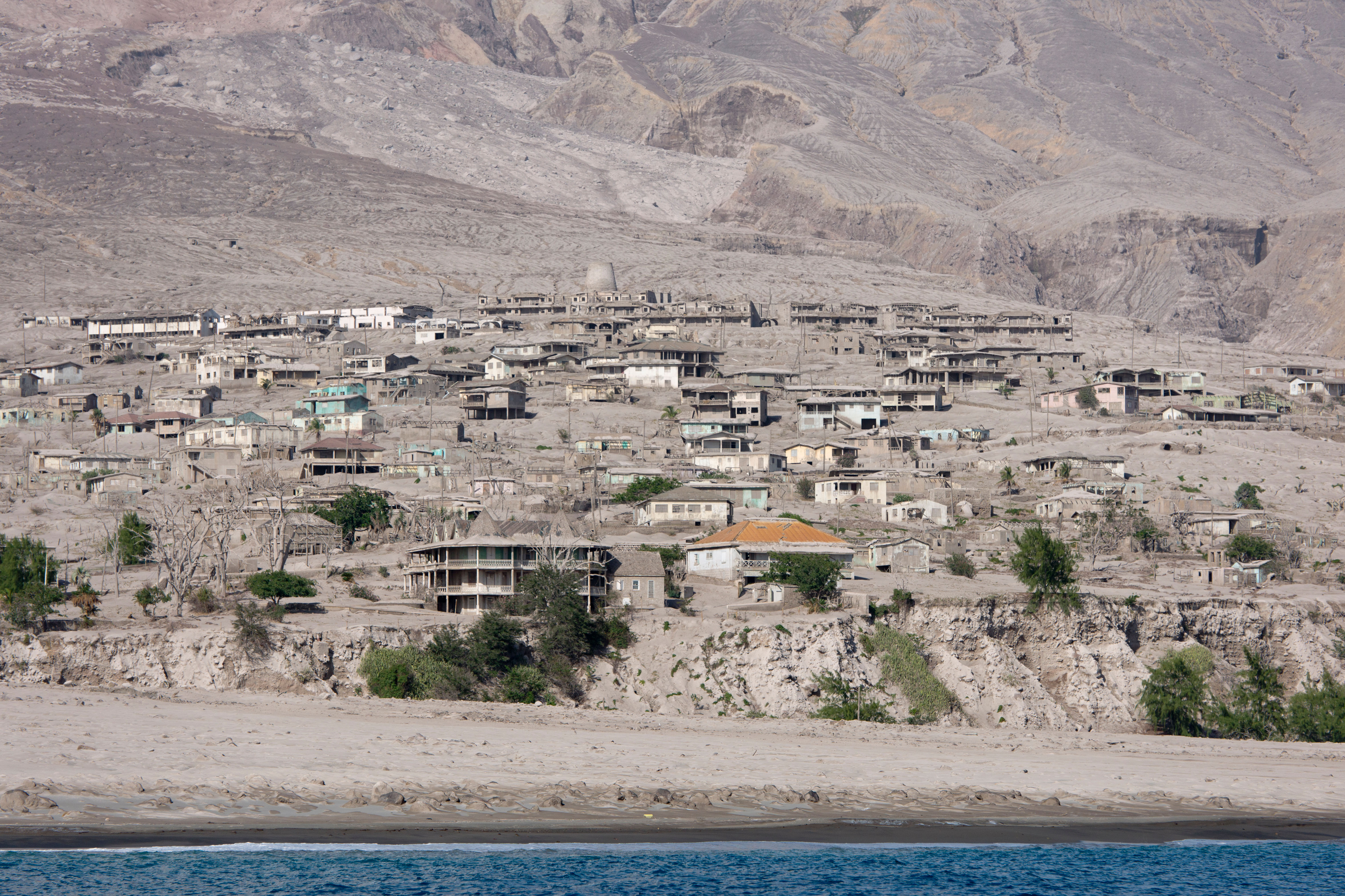 The ruined town of Plymouth, buried in volcanic ash