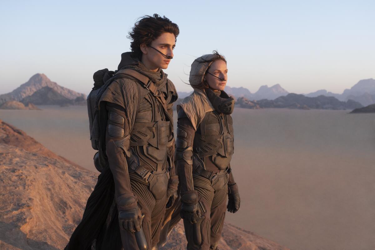 A mother and son stand atop a sand dune overlooking in a vast desert.