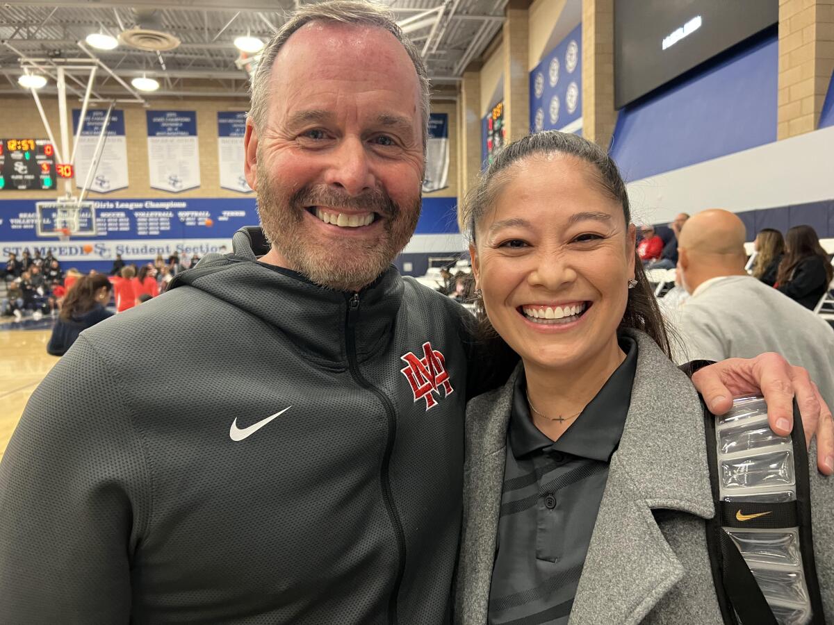 Mater Dei girls' basketball coach Kevin Kiernan with Sierra Canyon coach Alicia Komaki,