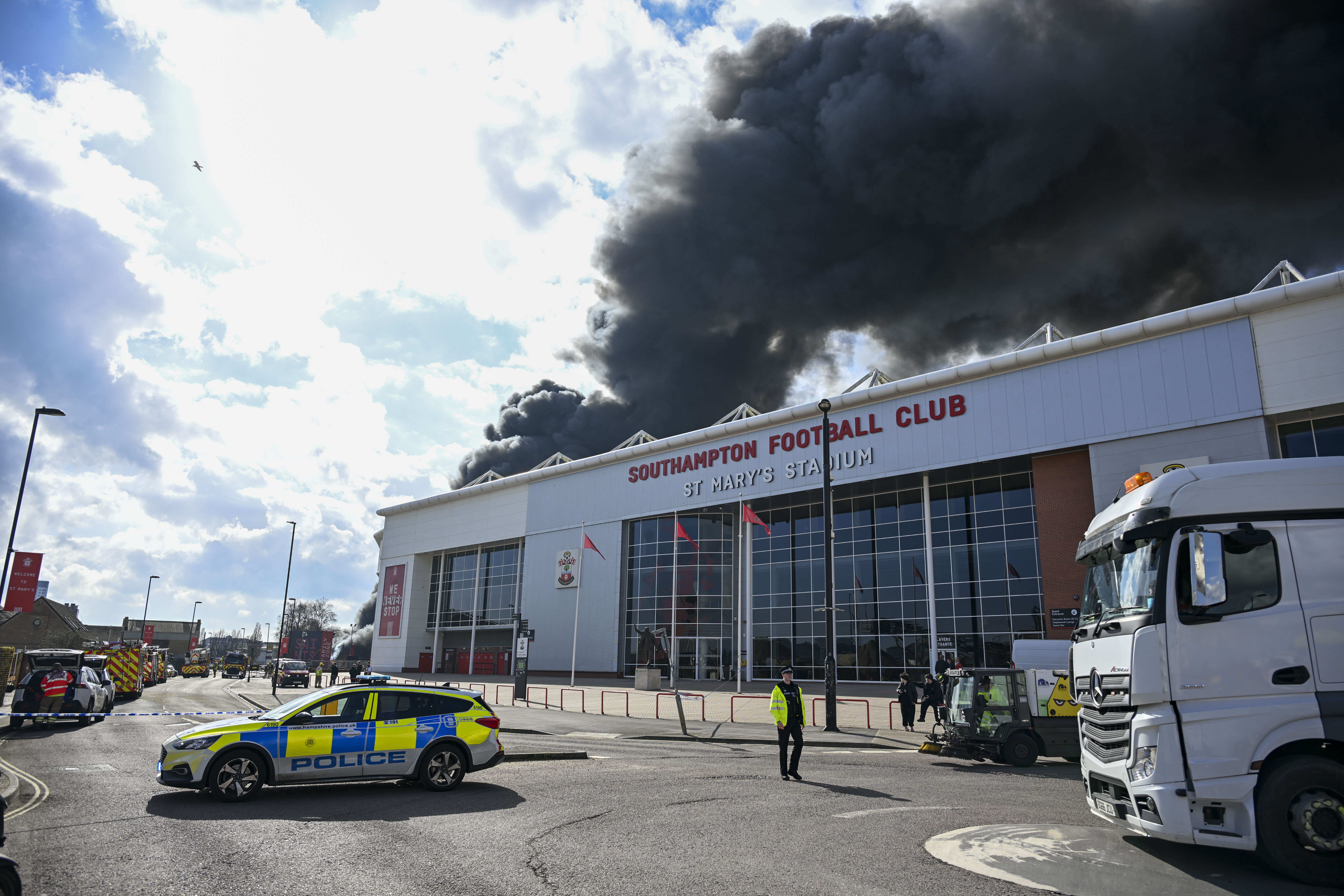 St Mary's stadium was left engulfed in smoke after a fire broke out