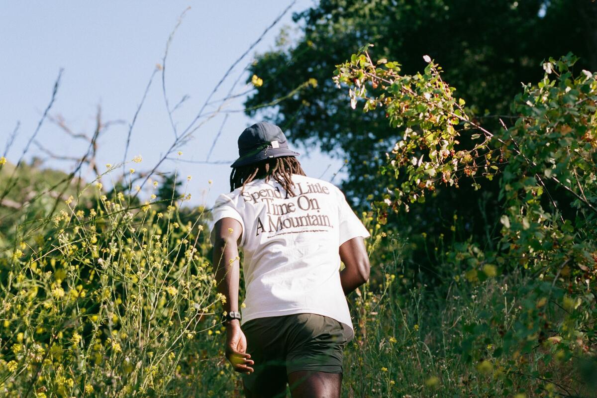 A human walks through thick brush with a blue sky.