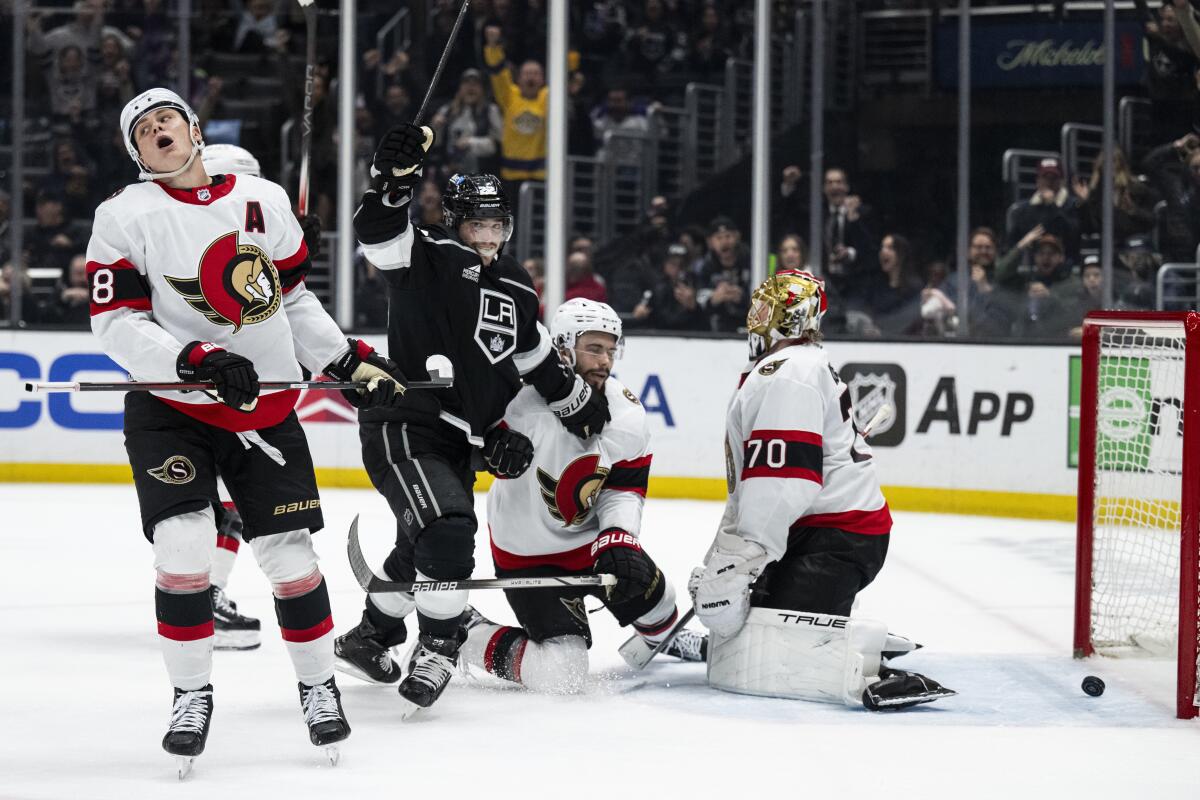 Kings left wing Kevin Fiala (22) celebrates his overtime gaol against the Ottawa Senators.