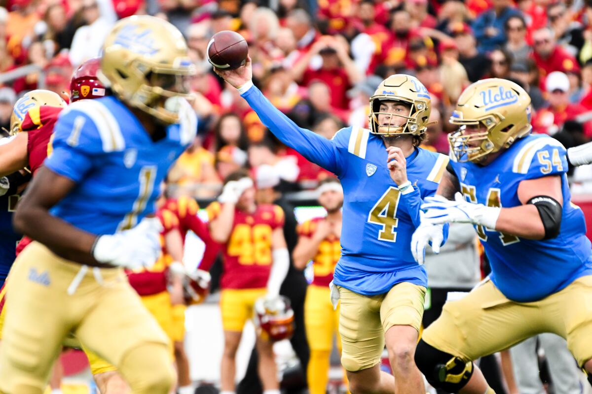 UCLA quarterback Ethan Garbers throws a pass.