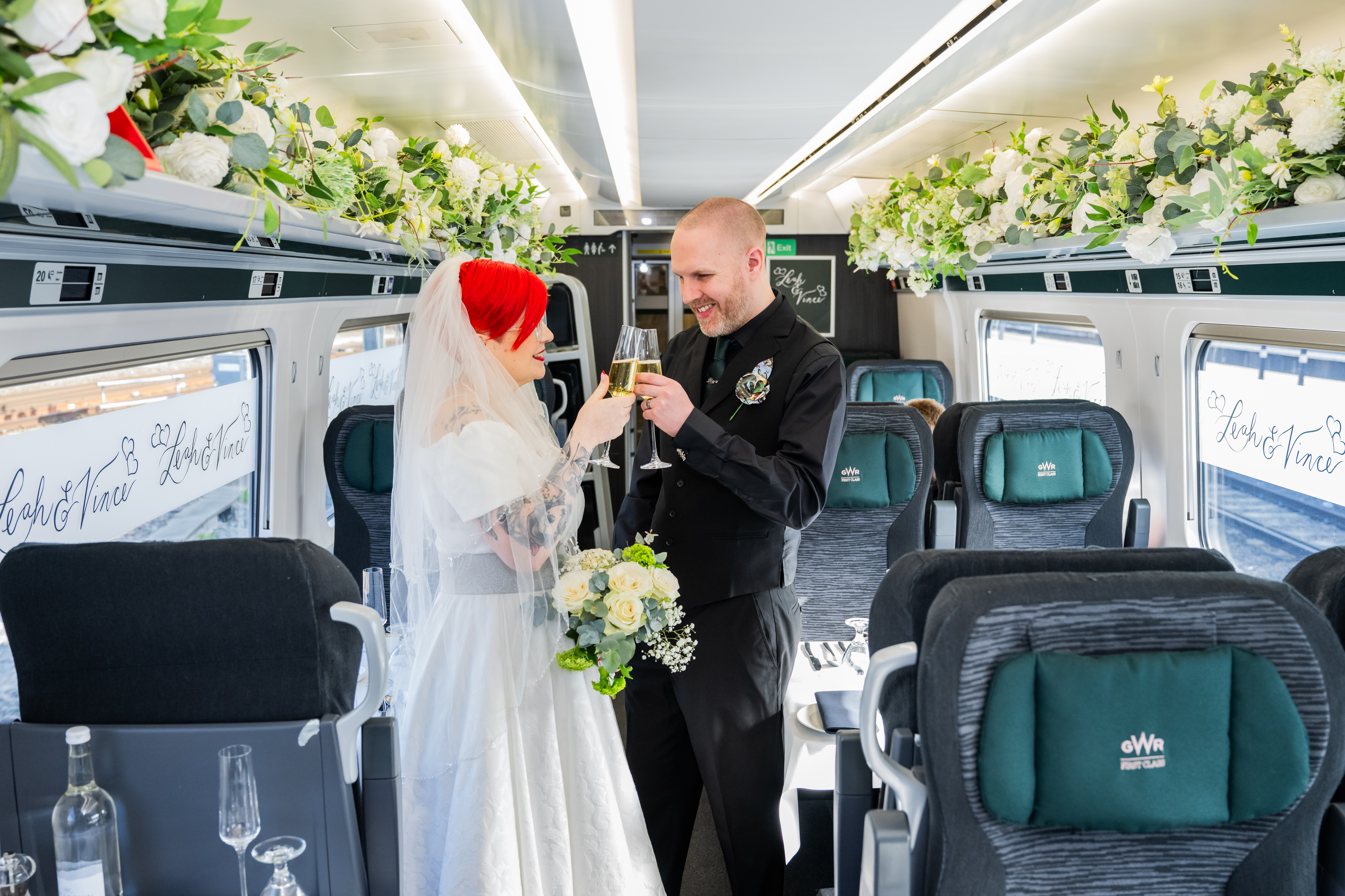 The speeches, wedding breakfast and champagne toast were all held in the dining car of a Great Western Railway service moving at 125mph