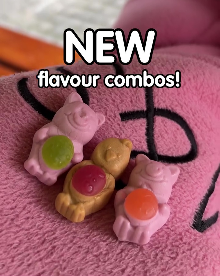 Adorable new characters include a squishy yellow chick with a red gummy tummy and two pigs with green and orange bellies