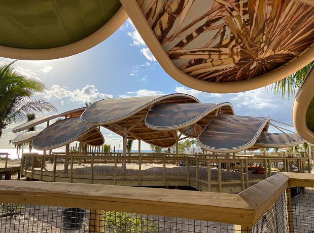 Shell-inspired pavilions will offer shady places to sit with food while taking in sea views