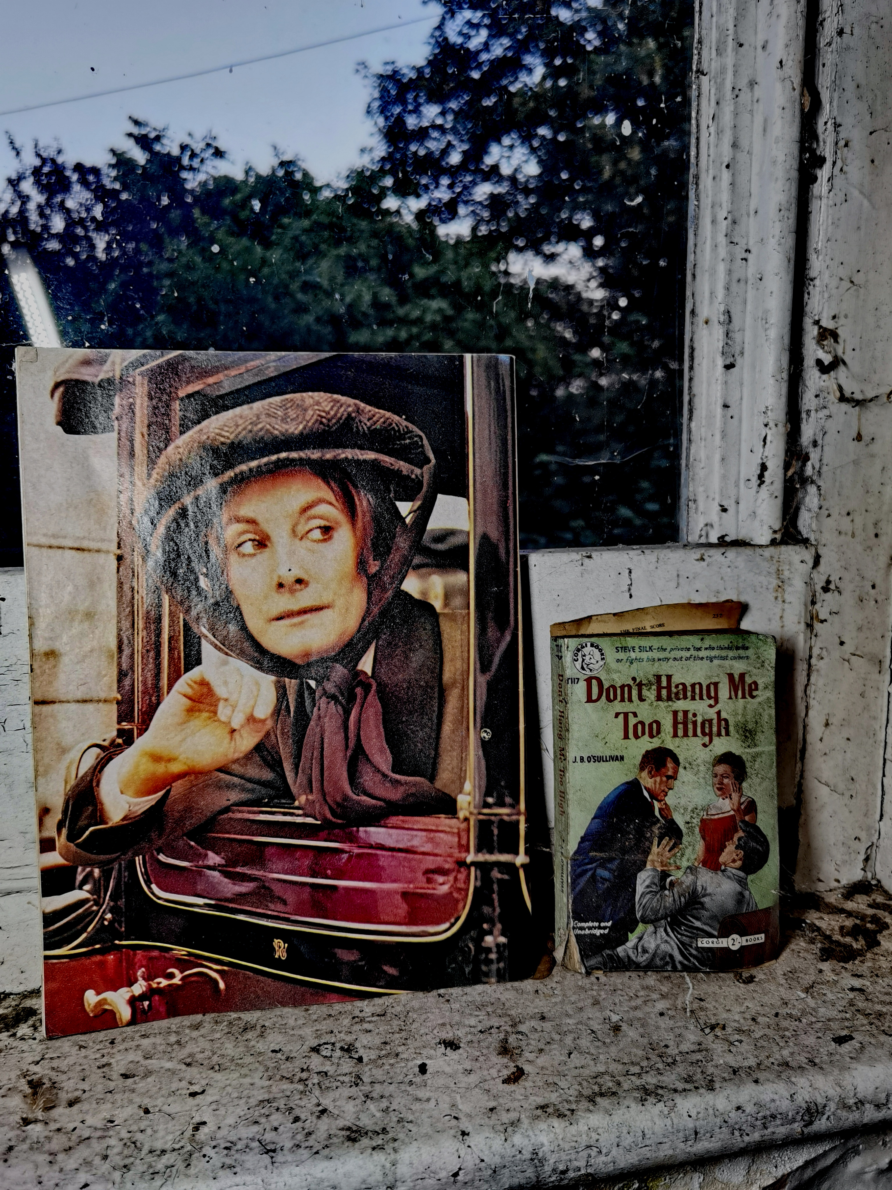 A photograph of a woman in a car and a book from 1955