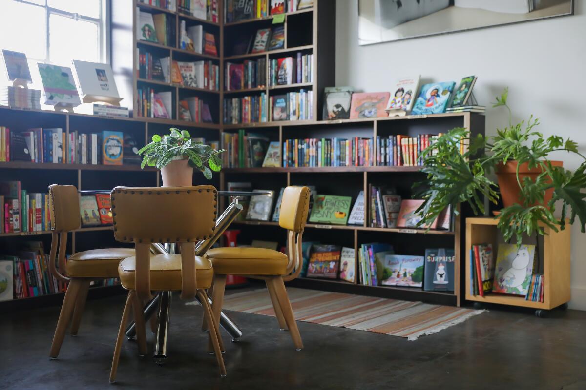 Inside North Figueroa Bookshop with bookshelves of books and several chairs.