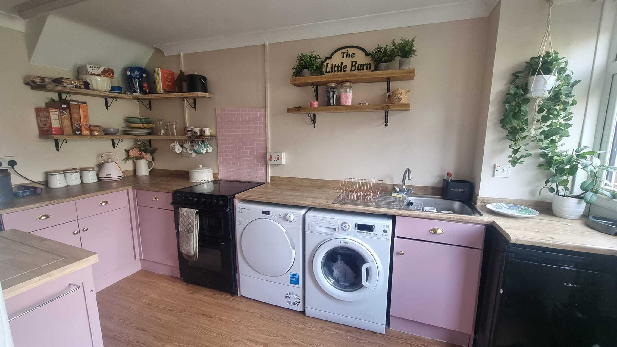 Katie Fry explained that she used scaffold boards from the dump to make shelves, and bought bits from Amazon and Argos, to give her kitchen a fresh new feel