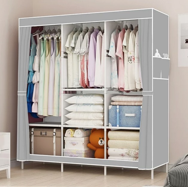 The organizer included multiple shelves, rods, and even a curtain to provide privacy